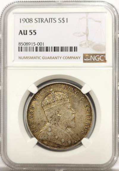 博洋堂“物美丰成”11月精品专场暨第145期（全场包邮） - NGC AU55 海峡殖民地1908年爱德华七世壹圆银币，黄油包浆一流