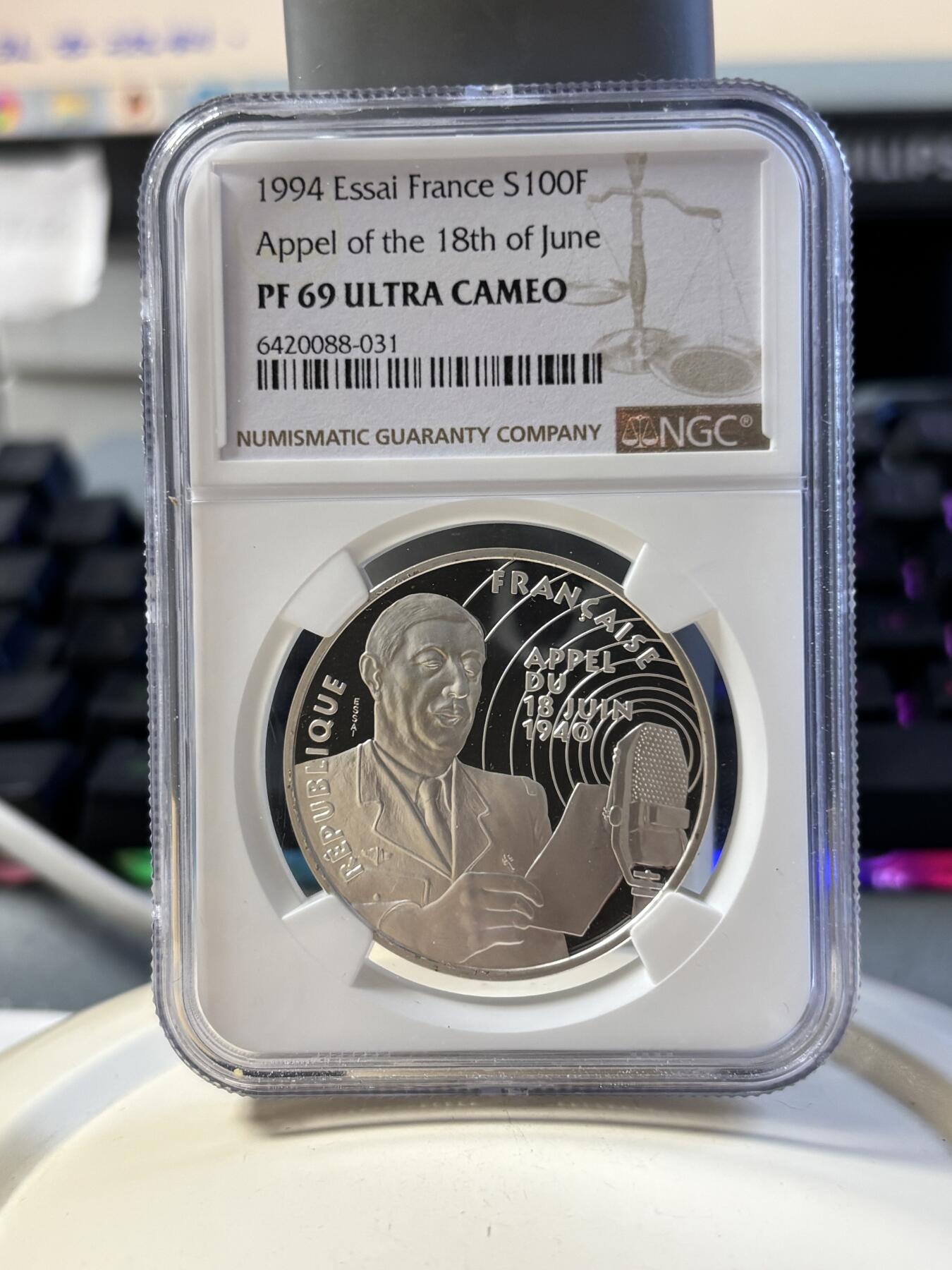 第181期拍卖 法国1994年二战系列戴高乐演讲纪念银样币NGC-PF69，900银，22.2克，发行1850枚