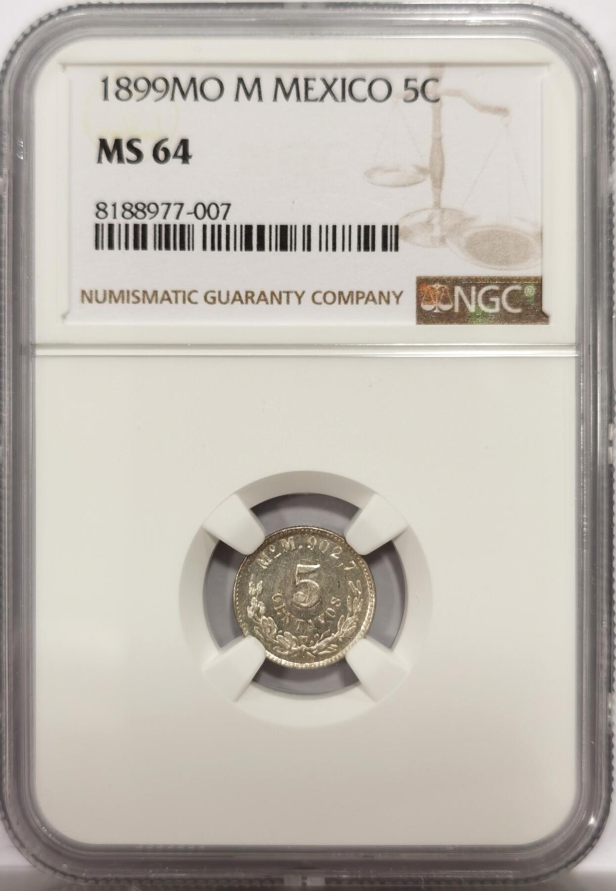 博洋堂“物美丰成”11月精品专场暨第145期（全场包邮） NGC MS64 墨西哥1899MO M鹰洋5分银币，细节和光度都不错的一枚，值得收藏。