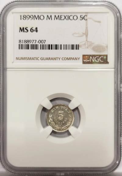 博洋堂“物美丰成”11月精品专场暨第145期（全场包邮） - NGC MS64 墨西哥1899MO M鹰洋5分银币，细节和光度都不错的一枚，值得收藏。