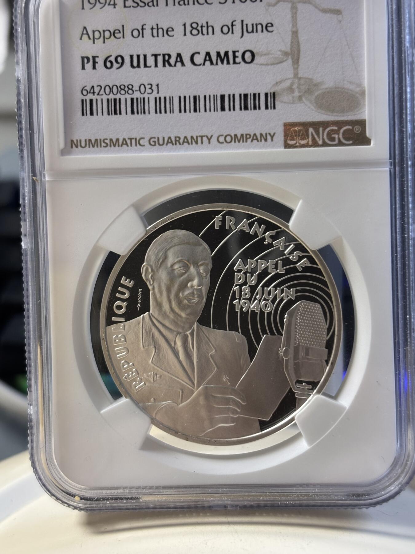 第181期拍卖 法国1994年二战系列戴高乐演讲纪念银样币NGC-PF69，900银，22.2克，发行1850枚