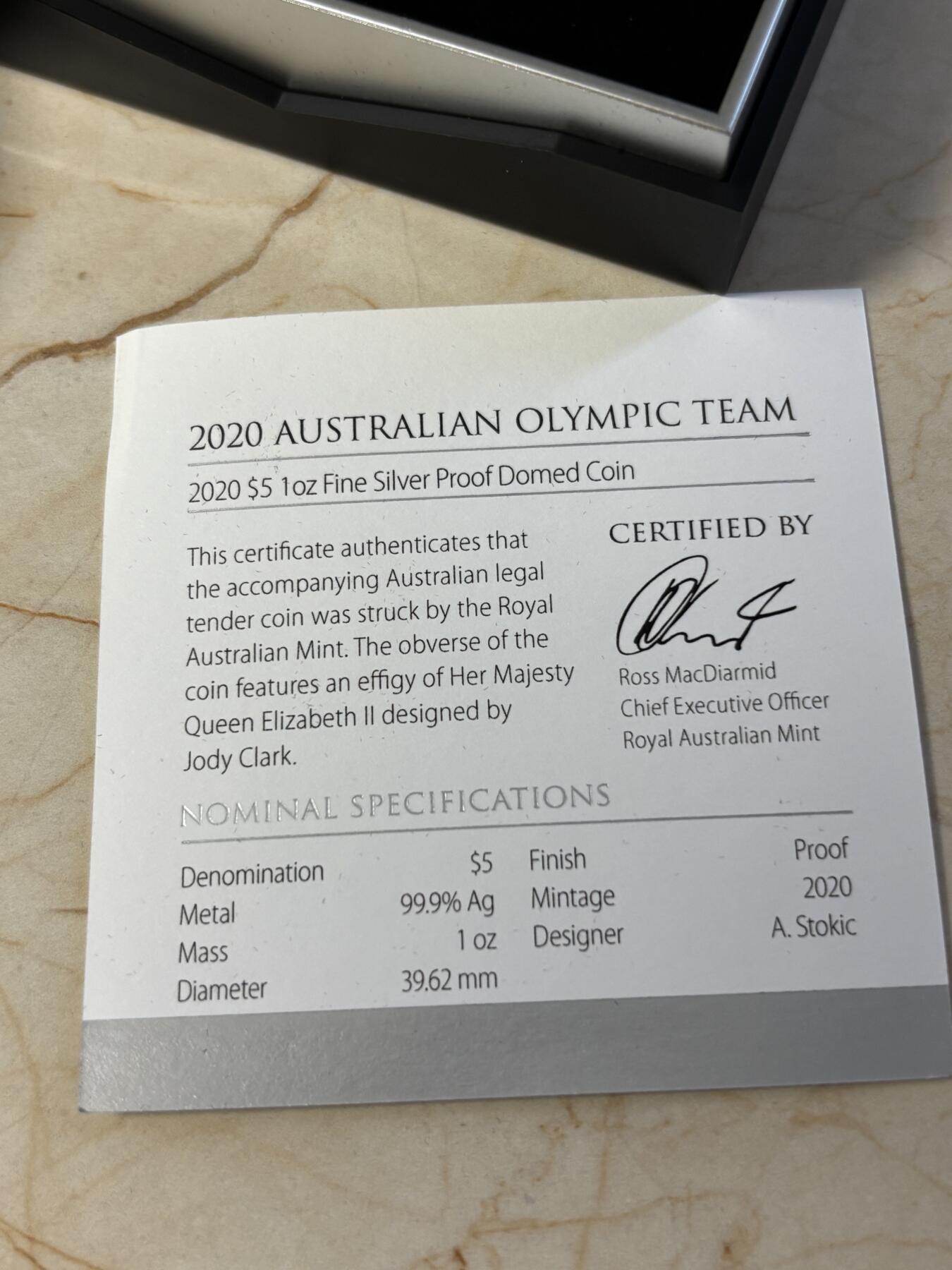 第181期拍卖 澳大利亚2020年东京奥运1盎司曲面精制纪念银币，9999银，发行2020枚