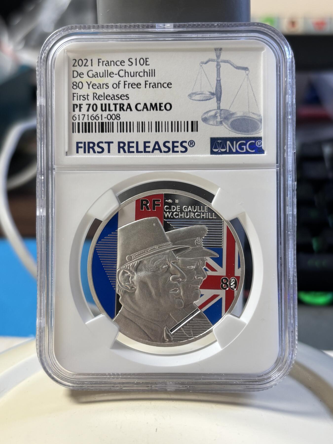 第181期拍卖 法国2021年人类伟大的日子丘吉尔和戴高乐彩色银币NGC-PF70首无盒无证书，999银，22.2克，发行3000枚