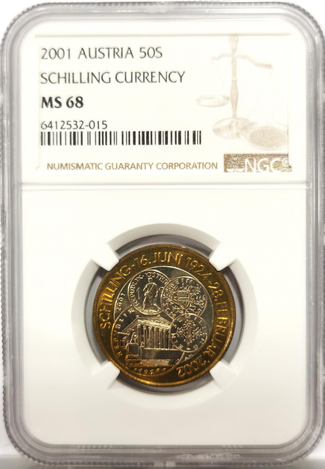 博洋堂“物美丰成”11月精品专场暨第145期（全场包邮） NGC MS68 奥地利2001年先令流通50先令双色币，唯一冠军分。币中币，币面图案包含了奥地利历史上流通过的几种50先令。2001年为先令流通的尾年，奥地利自2002年开始不再使用先令，改用欧元。
