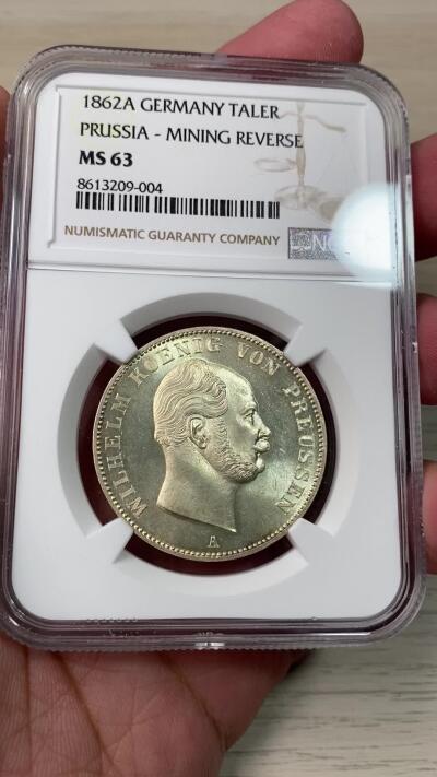 万国钱币拍卖第054期 NGC MS63 1862普鲁士威廉一世矿业泰勒 好品罕见品种 人像喷砂质感 实物光度炸裂