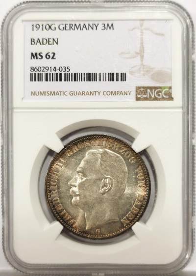 博洋堂“物美丰成”11月精品专场暨第145期（全场包邮） - NGC MS62 德国1910年巴登大公弗里德里希二世3马克银币，原汁原味环彩老包浆，包浆醇厚浓郁，味道币味道足，流通马克上MS级不易，状态极佳。