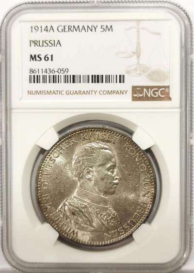 博洋堂“物美丰成”11月精品专场暨第145期（全场包邮） - NGC MS61 德国普鲁士1914年威廉二世军装5马克银币