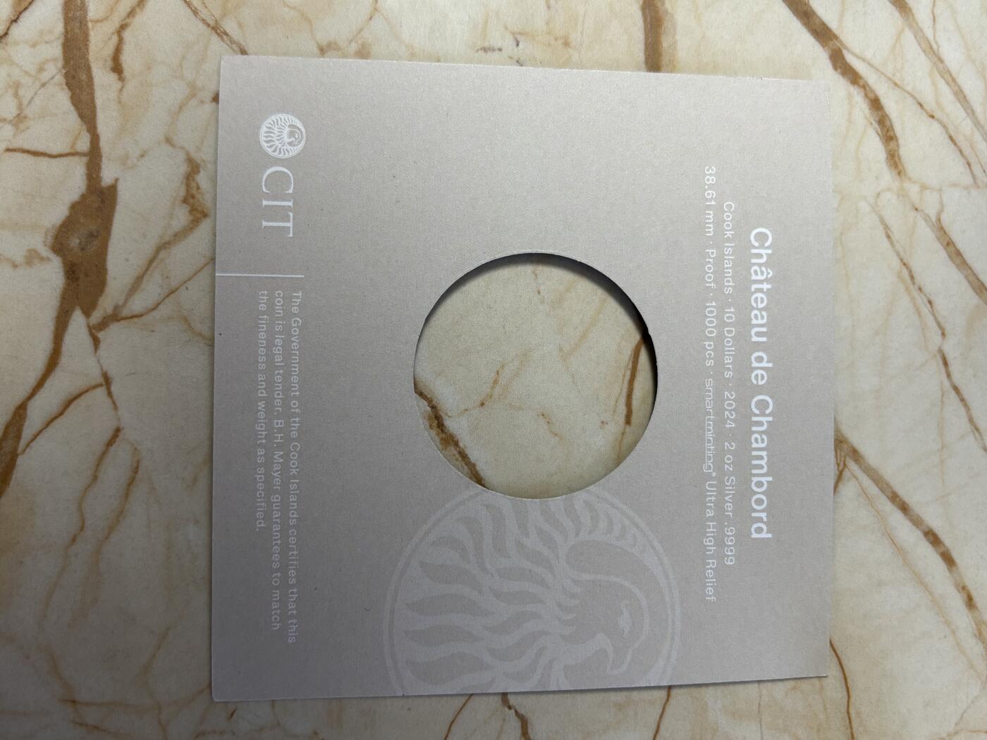 第181期拍卖  库克2024年法国香宾城堡超高浮雕彩色2盎司银币，9999银，发行1000枚，