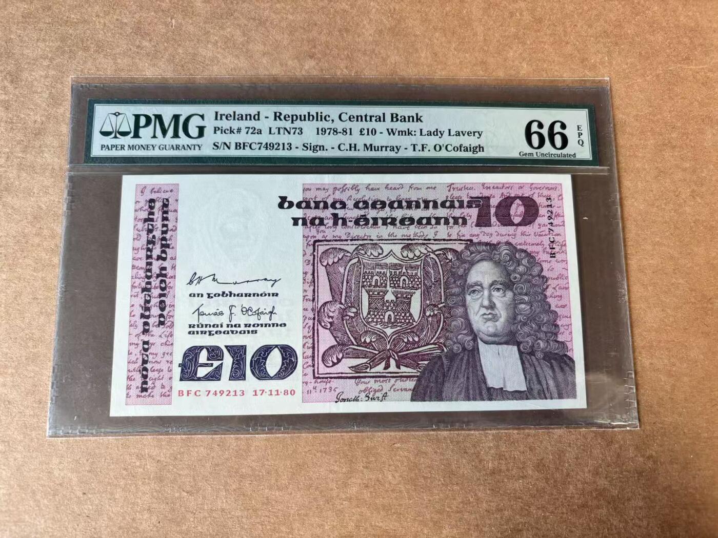 【Blue Auction】世界纸币精拍第746期——18级TOP拍卖/信誉/品质/专业/高效💫 【a版】爱尔兰 1980年10镑 PMG66EPQ 