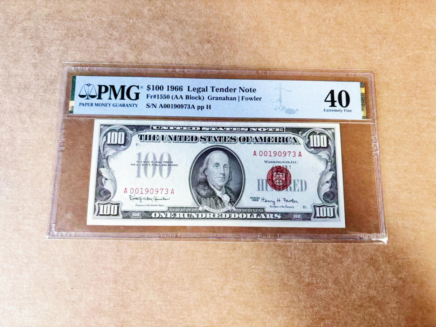 【Blue Auction】世界纸币精拍第746期——18级TOP拍卖/信誉/品质/专业/高效💫 【AA】美国 1966年100美金 PMG40