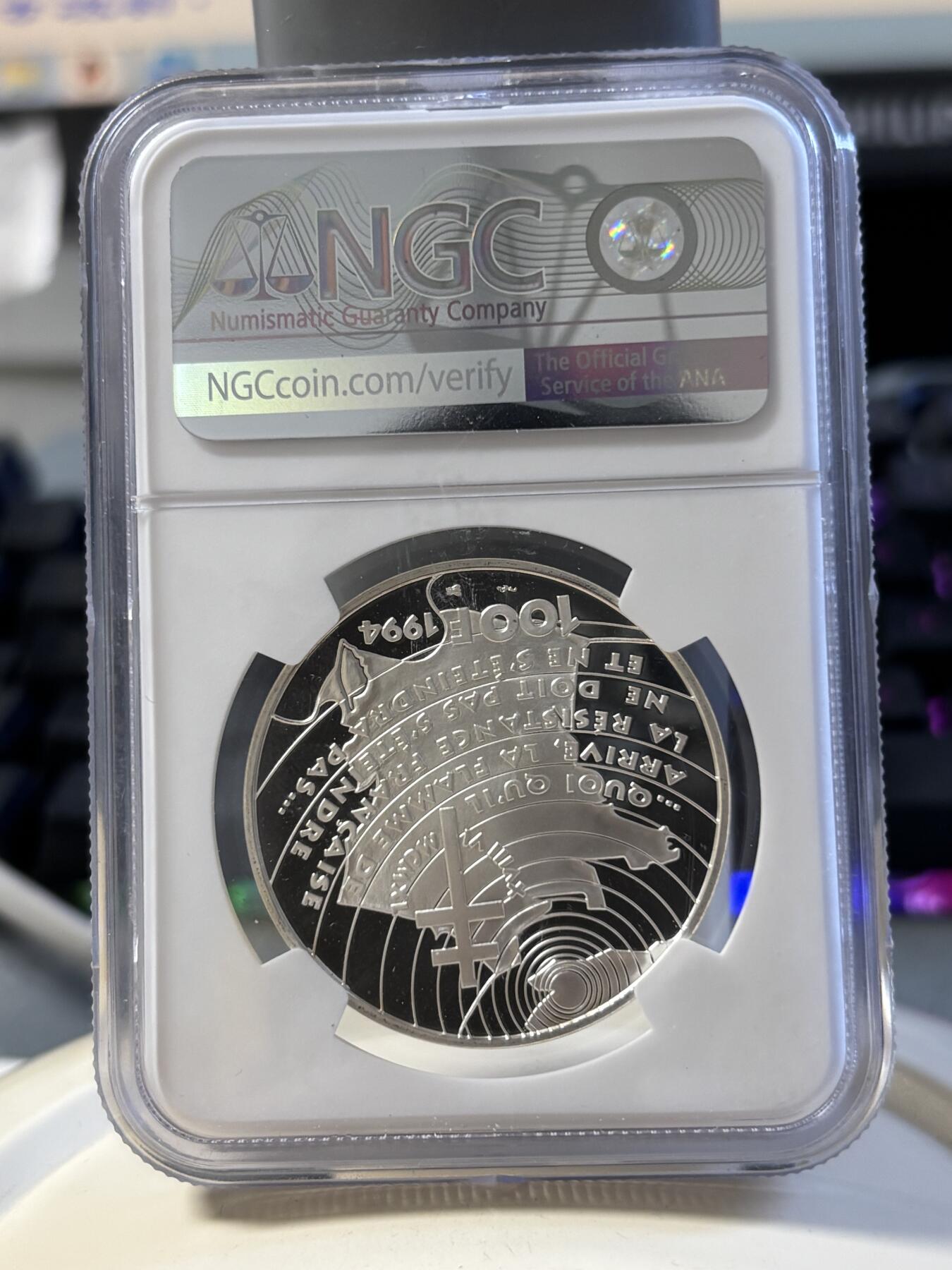 第181期拍卖 法国1994年二战系列戴高乐演讲纪念银样币NGC-PF69，900银，22.2克，发行1850枚