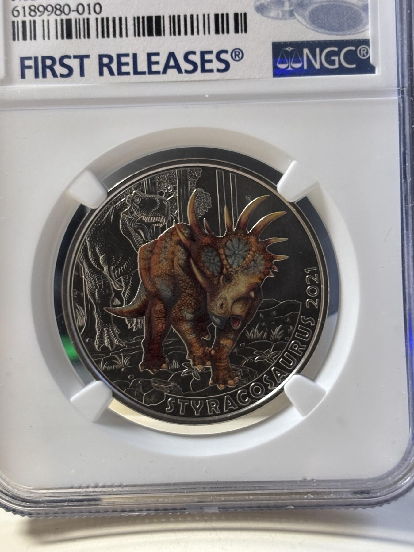 第181期拍卖 奥地利2021年夜光恐龙系列亚伯达戟龙纪念币NGC-MS70首无盒无证书