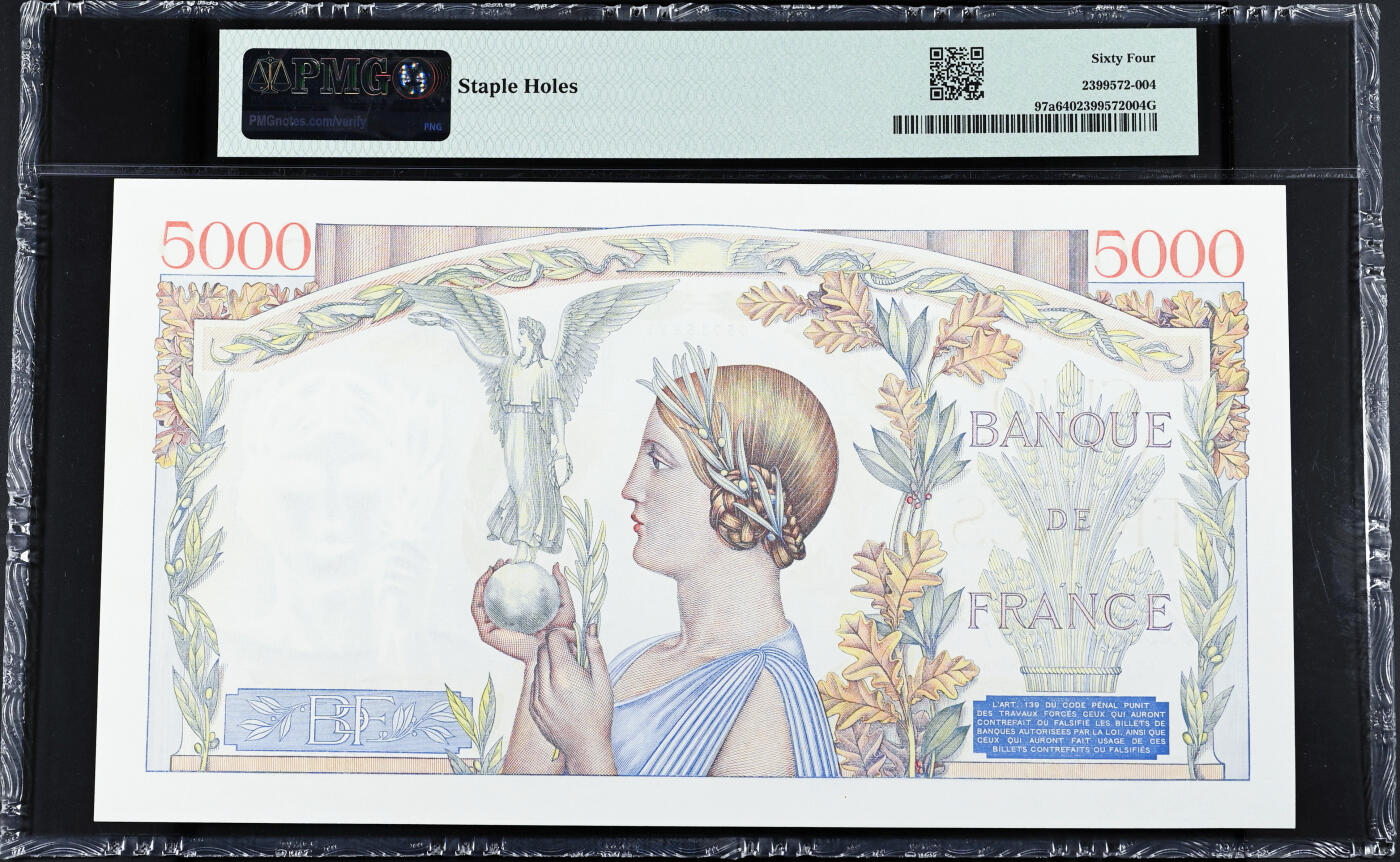 【Blue Auction】世界纸币精拍第746期——18级TOP拍卖/信誉/品质/专业/高效💫 【a版】法国 1939年5000法郎 胜利女神 雕刻精美 超大票幅 PMG64