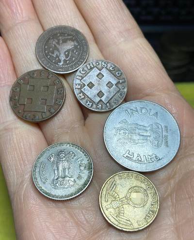 2025年第一百二十三场(总第一百四十九场）外国好品散币(免佣金) 散币6枚：荷兰🇳🇱1878年1分，奥地利🇦🇹1927年28年2格罗申，印度🇮🇳1985年25，2001年1卢比，德意志第三帝国1938年5芬尼(A标，柏林造)