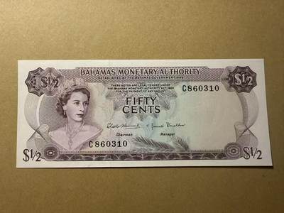 【礼羽收藏】🌏世界钱币拍卖第110期 - 巴哈马 1968年 1/2 无47 全新unc  精美大彩背