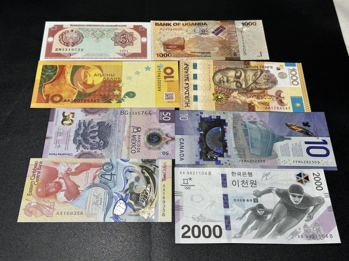 《外钞收藏家》第五百八十二期（精品场）（本平台长期征集拍品、欢迎藏友们联系合作） 韩国冬奥会纪念钞、墨西哥、加拿大、哈萨克斯坦等八张精美纸币和塑料钞一起 全新UNC
