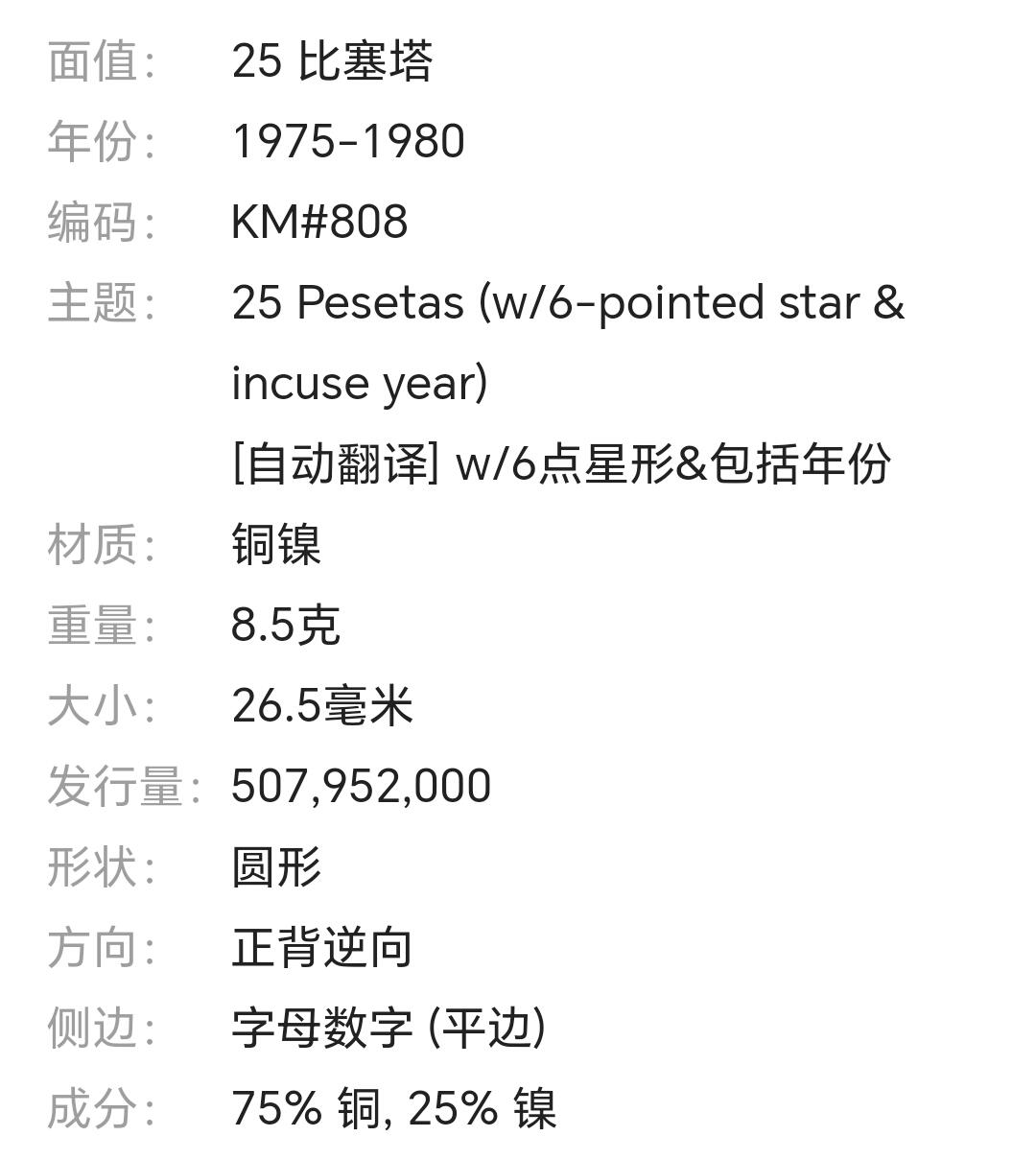 西班牙25比塞塔铜镍币 胡安·卡洛斯一世 保真年份随机发