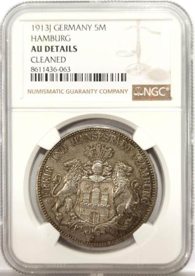博洋堂“物美丰成”11月精品专场暨第145期（全场包邮） - NGC AU 德国汉堡1913年5马克银币 细节高点基本无损