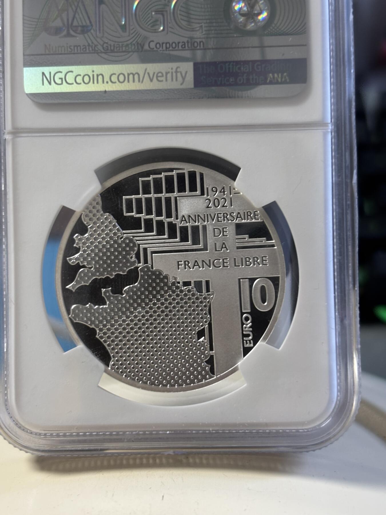 第181期拍卖 法国2021年人类伟大的日子丘吉尔和戴高乐彩色银币NGC-PF70首无盒无证书，999银，22.2克，发行3000枚