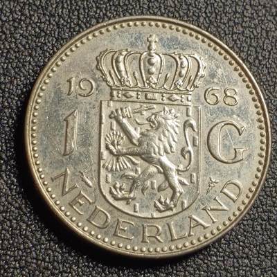 泉币菌-第127场-精品福利场(115场之后的本周末发货，感谢理解) - 1968年 荷兰王国早期1盾 朱莉安娜女王 镍币 硬币 25mm