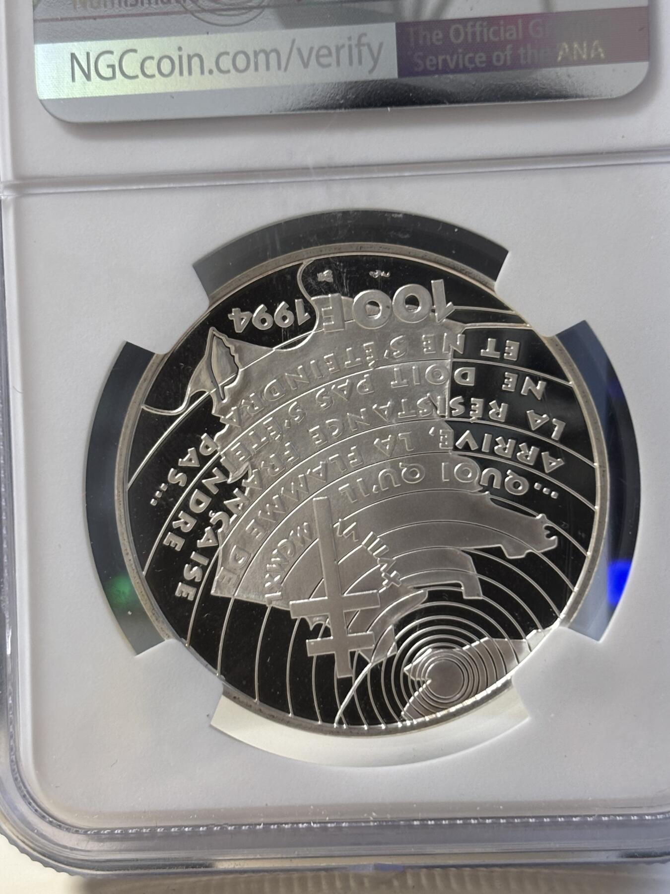 第181期拍卖 法国1994年二战系列戴高乐演讲纪念银样币NGC-PF69，900银，22.2克，发行1850枚