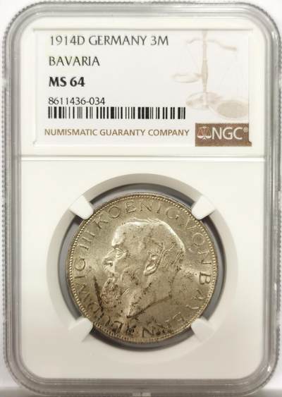 博洋堂“物美丰成”11月精品专场暨第145期（全场包邮） - NGC MS64 德国巴伐利亚1914年路德维希三世3马克银币