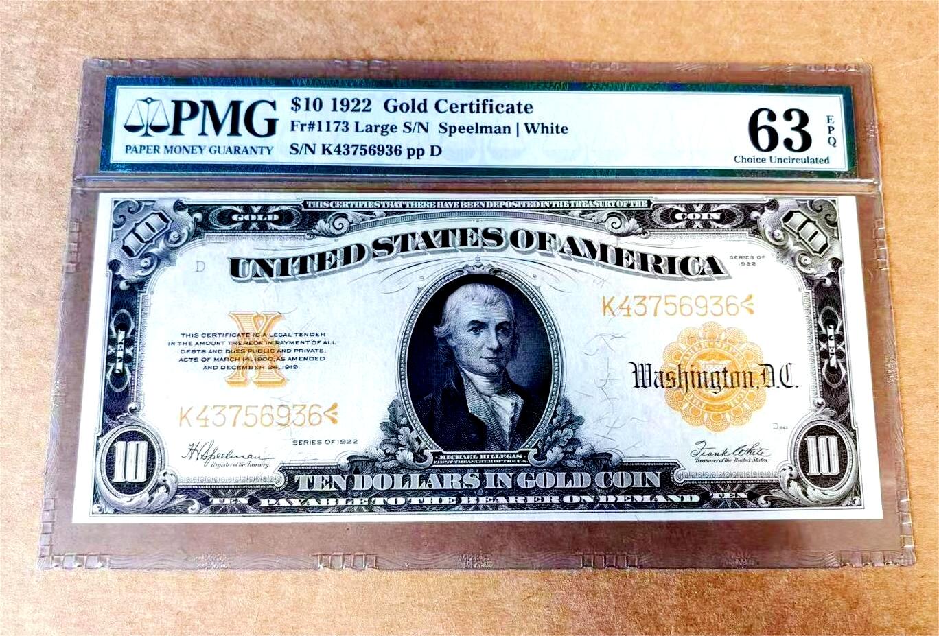 【Blue Auction】世界纸币精拍第746期——18级TOP拍卖/信誉/品质/专业/高效💫 美国 1922年10美金 黄金券 大票幅 金黄色的油墨及凹凸感极佳 美国第一任财政部长迈克尔-希雷加斯 升值品种 PMG63EPQ全新原票 老壳 