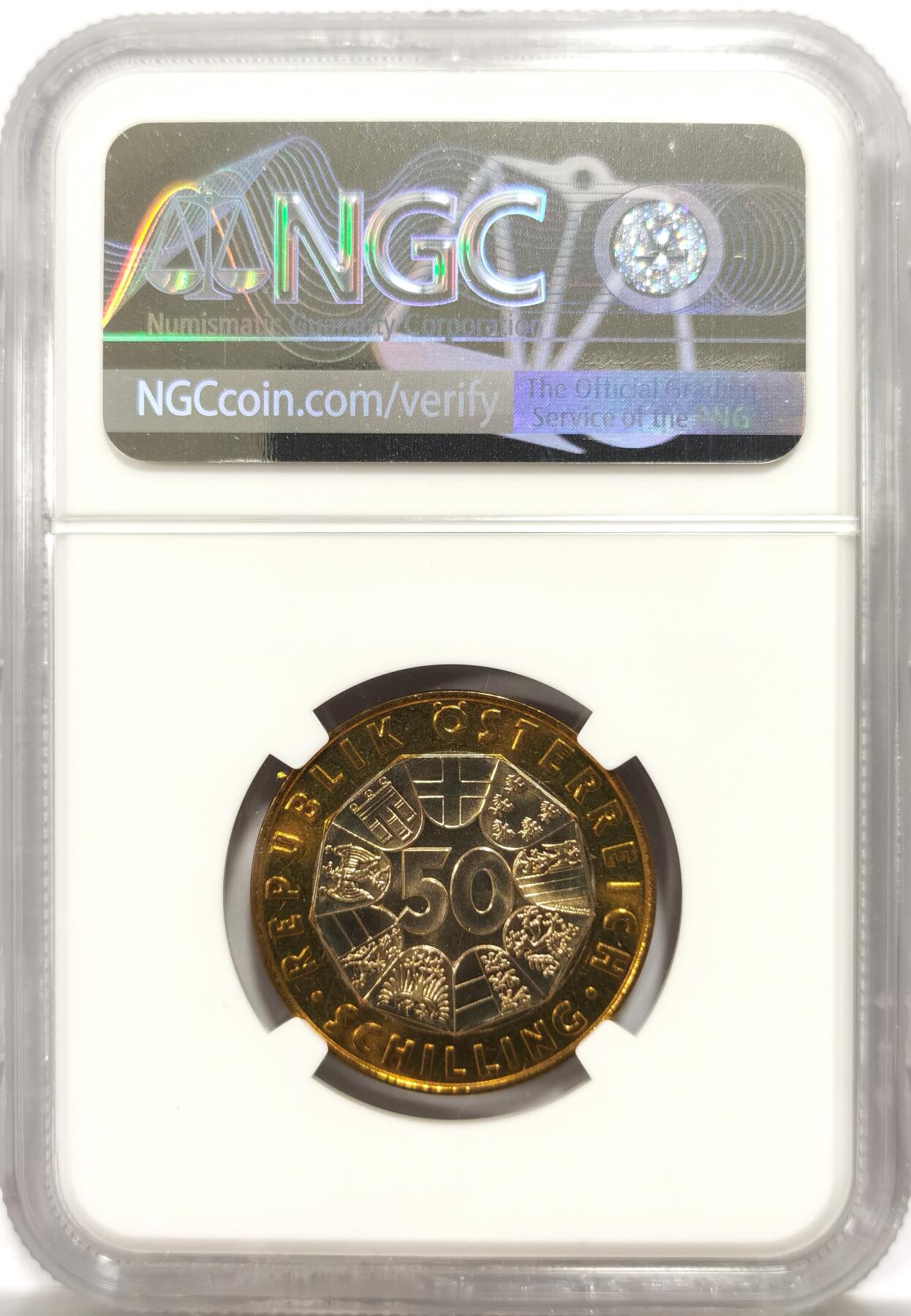 博洋堂“物美丰成”11月精品专场暨第145期（全场包邮） NGC MS68 奥地利2001年先令流通50先令双色币，唯一冠军分。币中币，币面图案包含了奥地利历史上流通过的几种50先令。2001年为先令流通的尾年，奥地利自2002年开始不再使用先令，改用欧元。