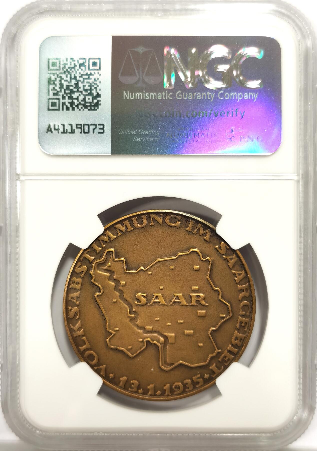 博洋堂“物美丰成”11月精品专场暨第145期（全场包邮） NGC MS63 德国1935年萨尔区回归纪念铜章