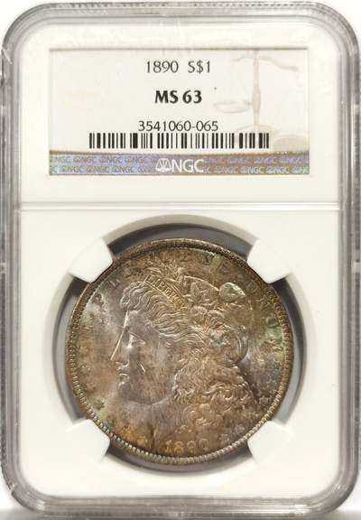 博洋堂“物美丰成”11月精品专场暨第145期（全场包邮） - NGC MS63 美国1890年摩根银币P版，市场上稀少年份的版本，原汁原味五彩包浆，包浆醇厚润泽又犀利，转光强烈细节优秀。状态和品质绝对不输现在的64分。