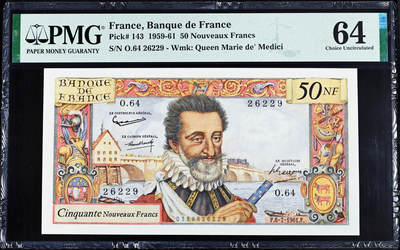 【Blue Auction】世界纸币精拍第746期——18级TOP拍卖/信誉/品质/专业/高效💫 -  【无47】法国 1961年50新法郎 亨利四世 PMG64 设计精美