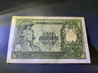 11月8号晚上8点 外国纸币自动截拍第53场 - 意大利1951年50里拉纸币 极美品