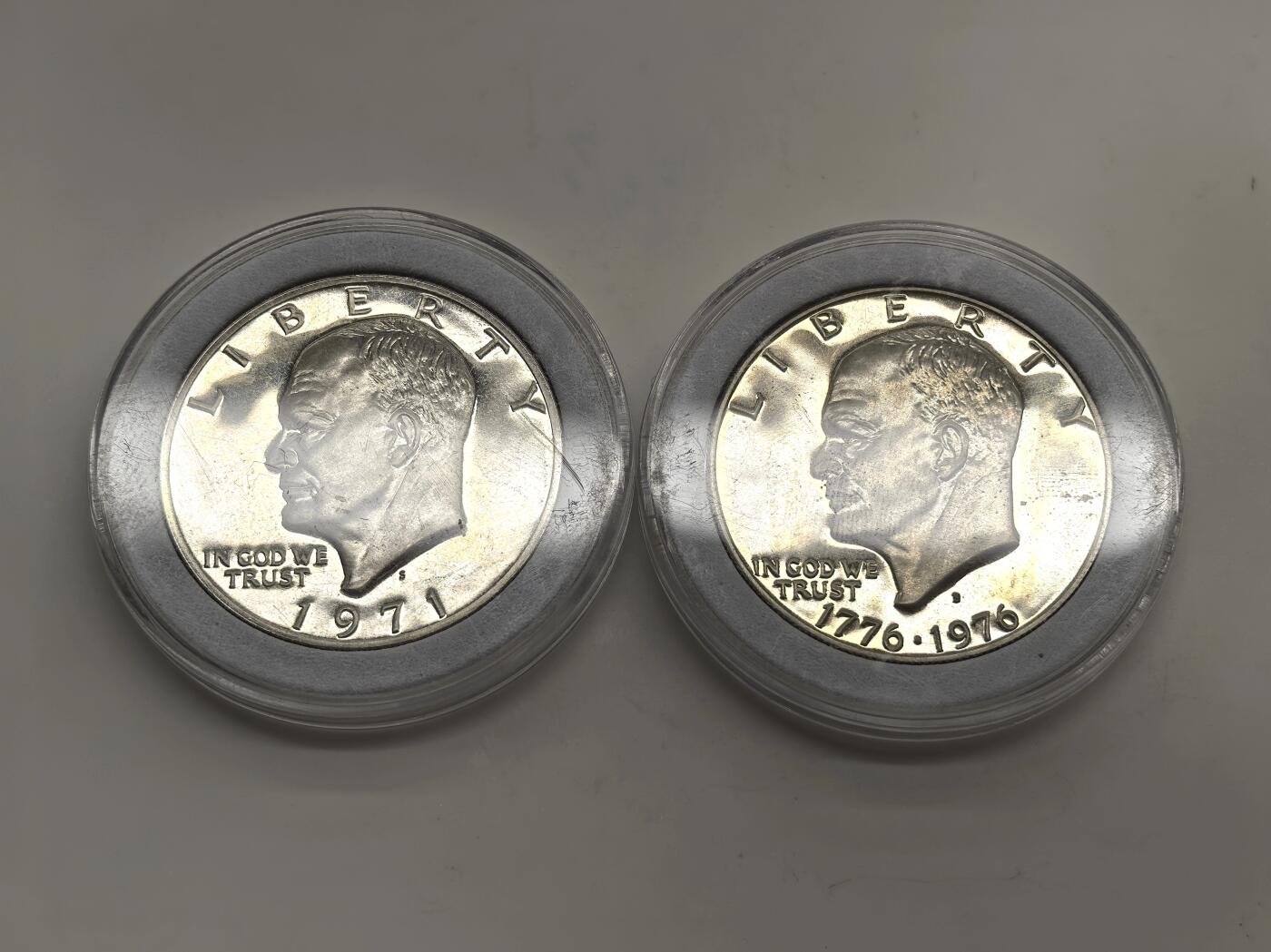 博洋堂世界钱币拍卖第146期（全场包邮） 美国1971、1976年艾森豪威尔1美元精制银币2枚一对