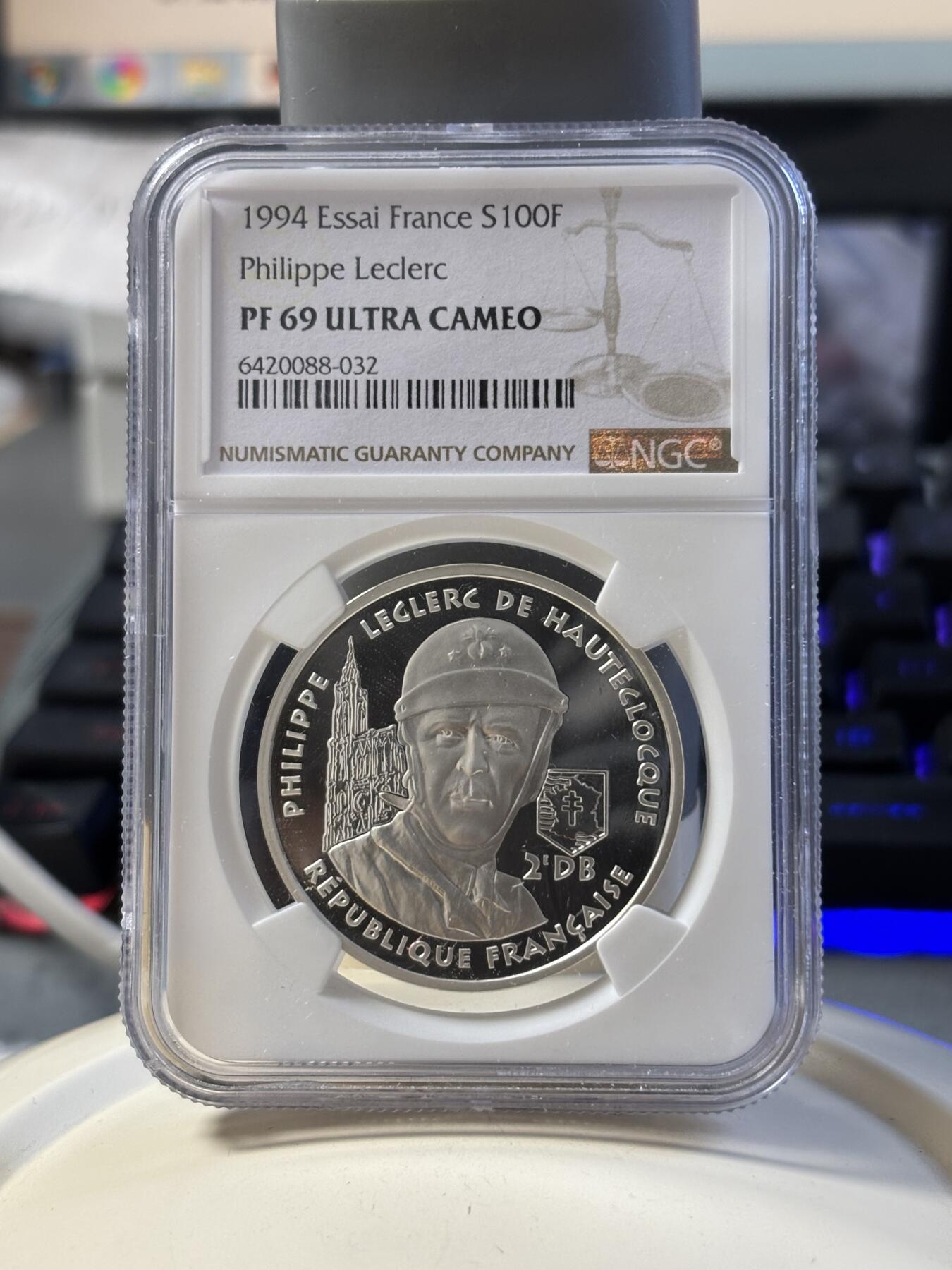 第181期拍卖 法国1994年二战系列勒克莱尔元帅银样币NGC-PF69，900银，22.2克，发行1850枚