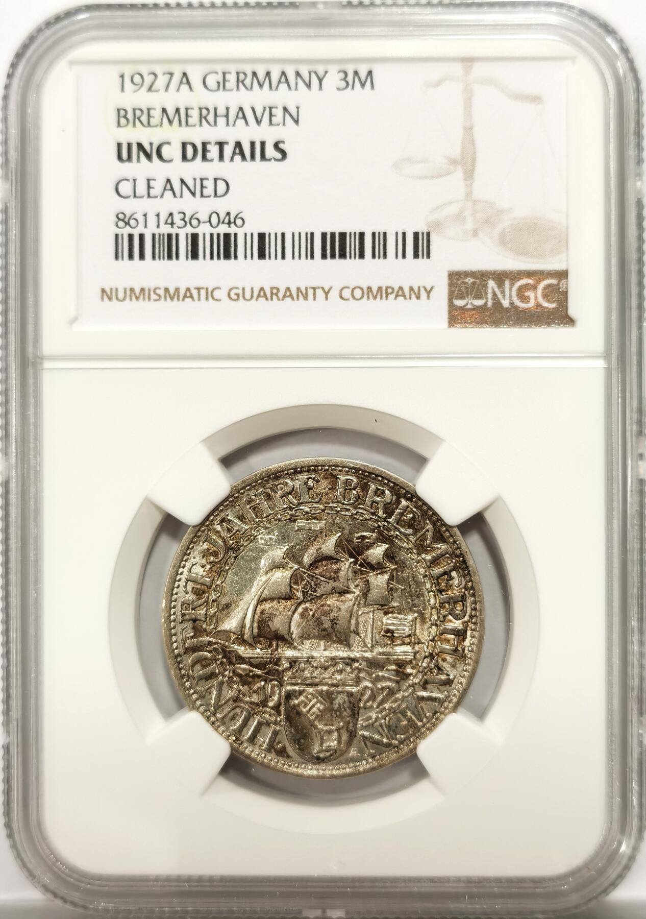 博洋堂“物美丰成”11月精品专场暨第145期（全场包邮） NGC UNC 德国魏玛1927年不莱梅哈芬3马克银币