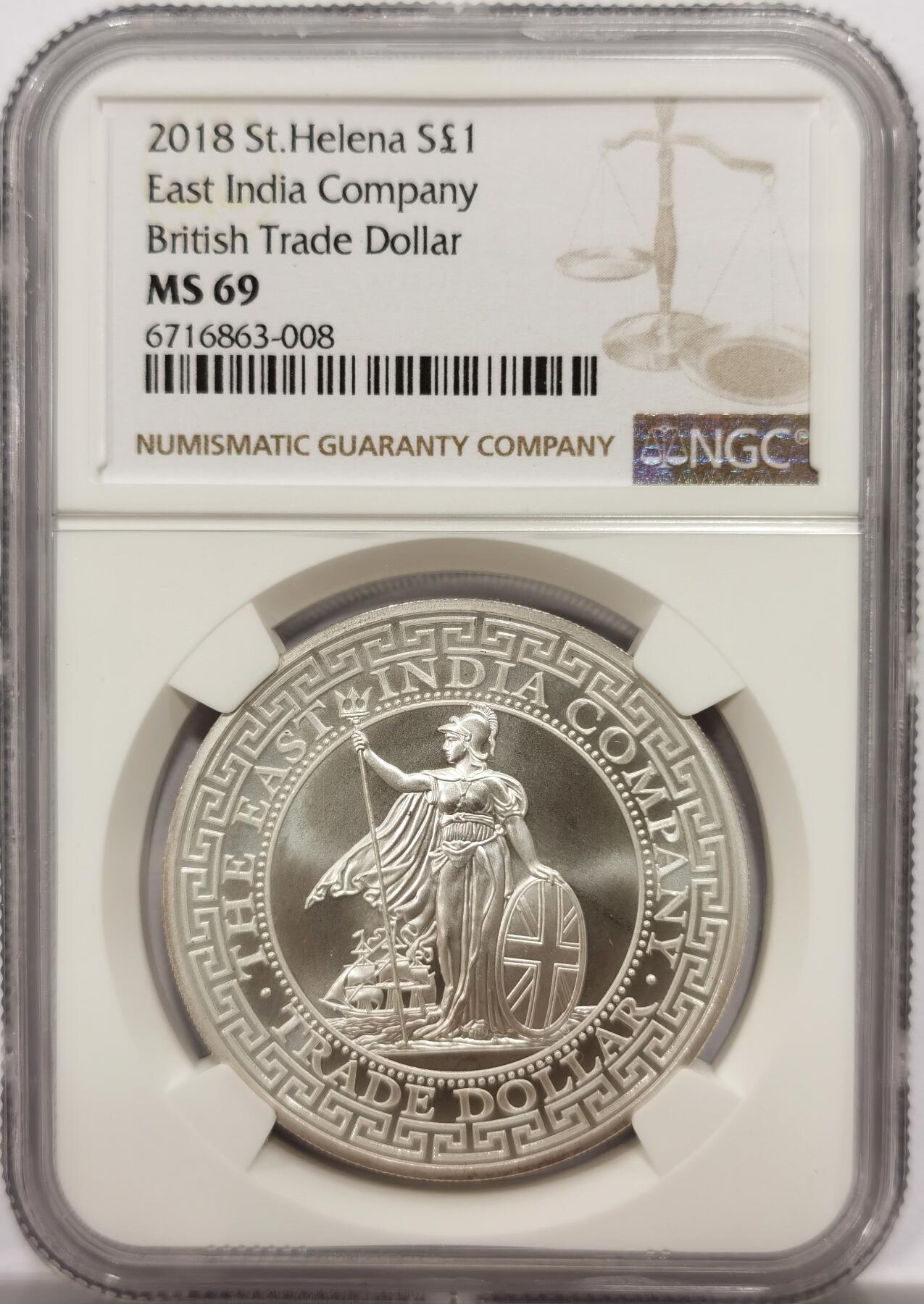 博洋堂“物美丰成”11月精品专场暨第145期（全场包邮） NGC MS69 圣赫勒拿2018年东印度公司英国贸易银币。站洋图案，面值1磅。非常少见，发行量仅10000枚，值得收藏。