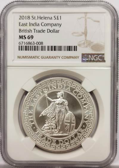 博洋堂“物美丰成”11月精品专场暨第145期（全场包邮） - NGC MS69 圣赫勒拿2018年东印度公司英国贸易银币。站洋图案，面值1磅。非常少见，发行量仅10000枚，值得收藏。
