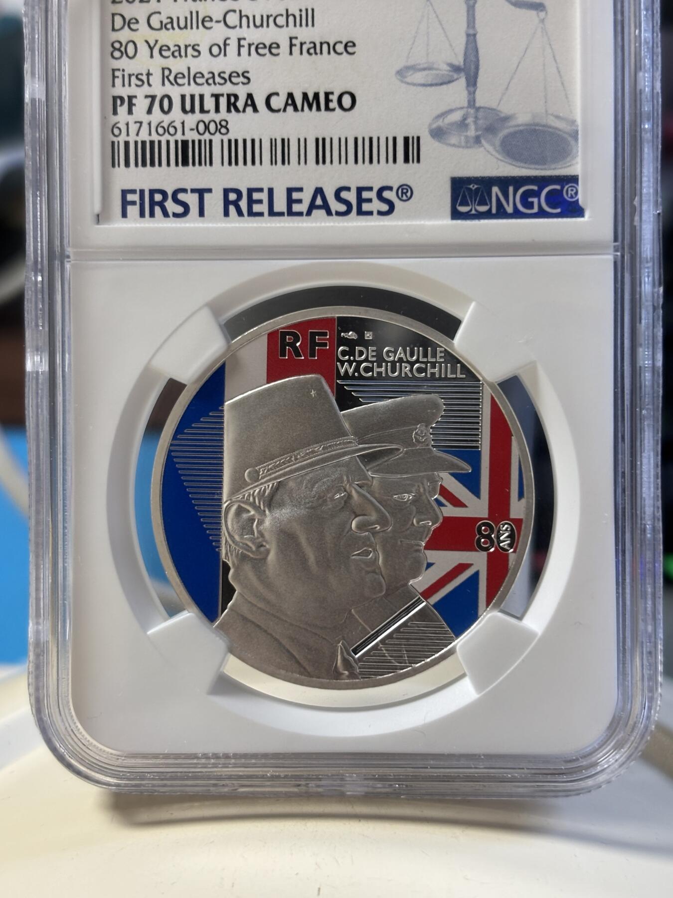 第181期拍卖 法国2021年人类伟大的日子丘吉尔和戴高乐彩色银币NGC-PF70首无盒无证书，999银，22.2克，发行3000枚