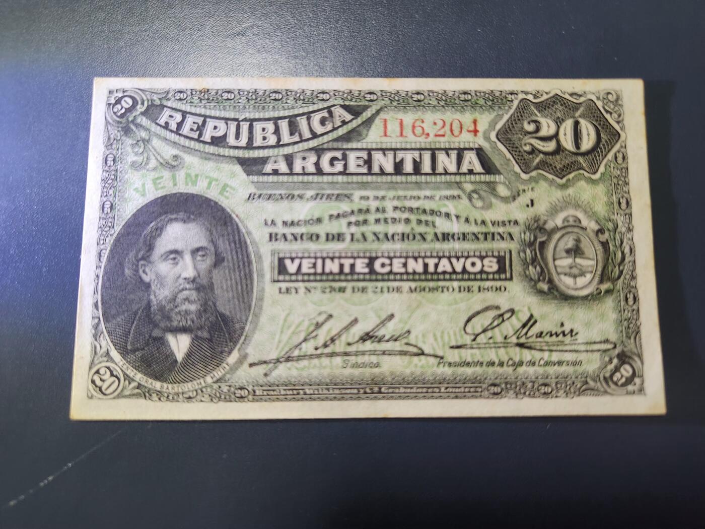 11月8号晚上8点 外国纸币自动截拍第53场 阿根廷经典老钞 1800年20 近新原票