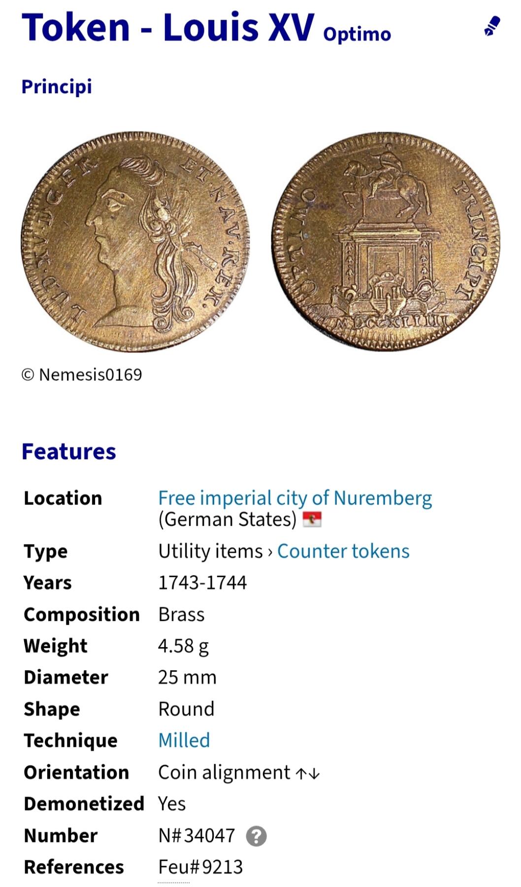 2025年第一百二十三场(总第一百四十九场）外国好品散币(免佣金) 稀少品种–神圣罗马帝国德意志联邦纽伦堡自由市1743–1744年纪念代币(路易十五骑马雕像，铭文献给最伟大的君主)