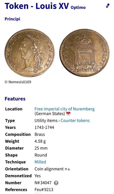 2025年第一百二十三场(总第一百四十九场）外国好品散币(免佣金) 稀少品种–神圣罗马帝国德意志联邦纽伦堡自由市1743–1744年纪念代币(路易十五骑马雕像，铭文献给最伟大的君主)