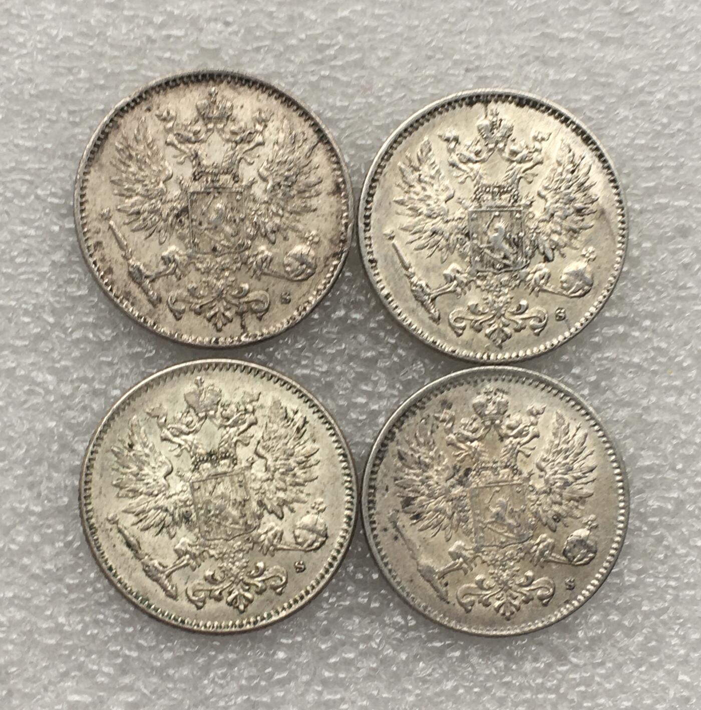 世界钱币专场拍卖 每周二开拍 好品1916年俄占芬兰双头鹰50芬妮银币 4枚一组