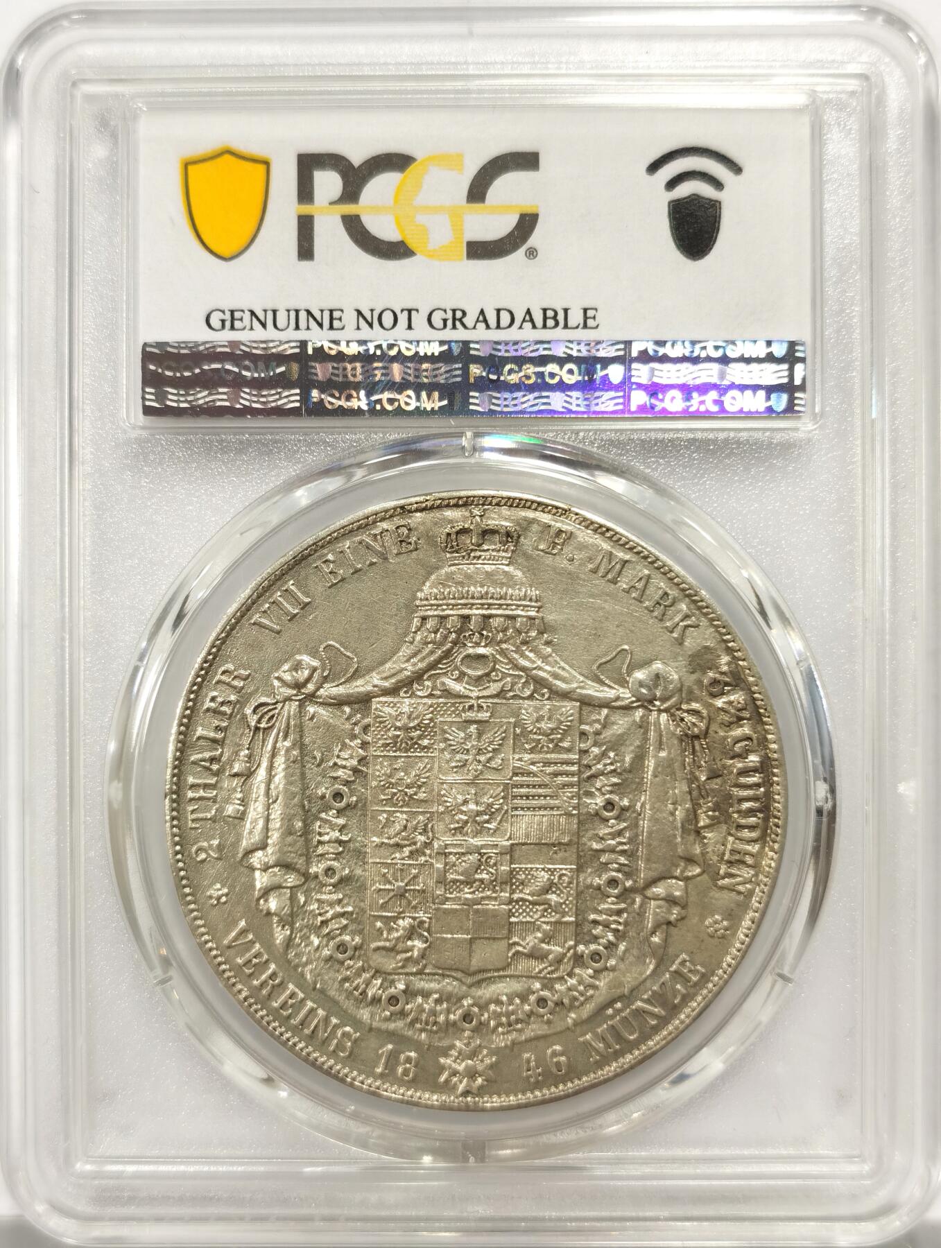 博洋堂“物美丰成”11月精品专场暨第145期（全场包邮） PCGS AU 德国普鲁士1846年2泰勒大银币，顶部修复痕迹