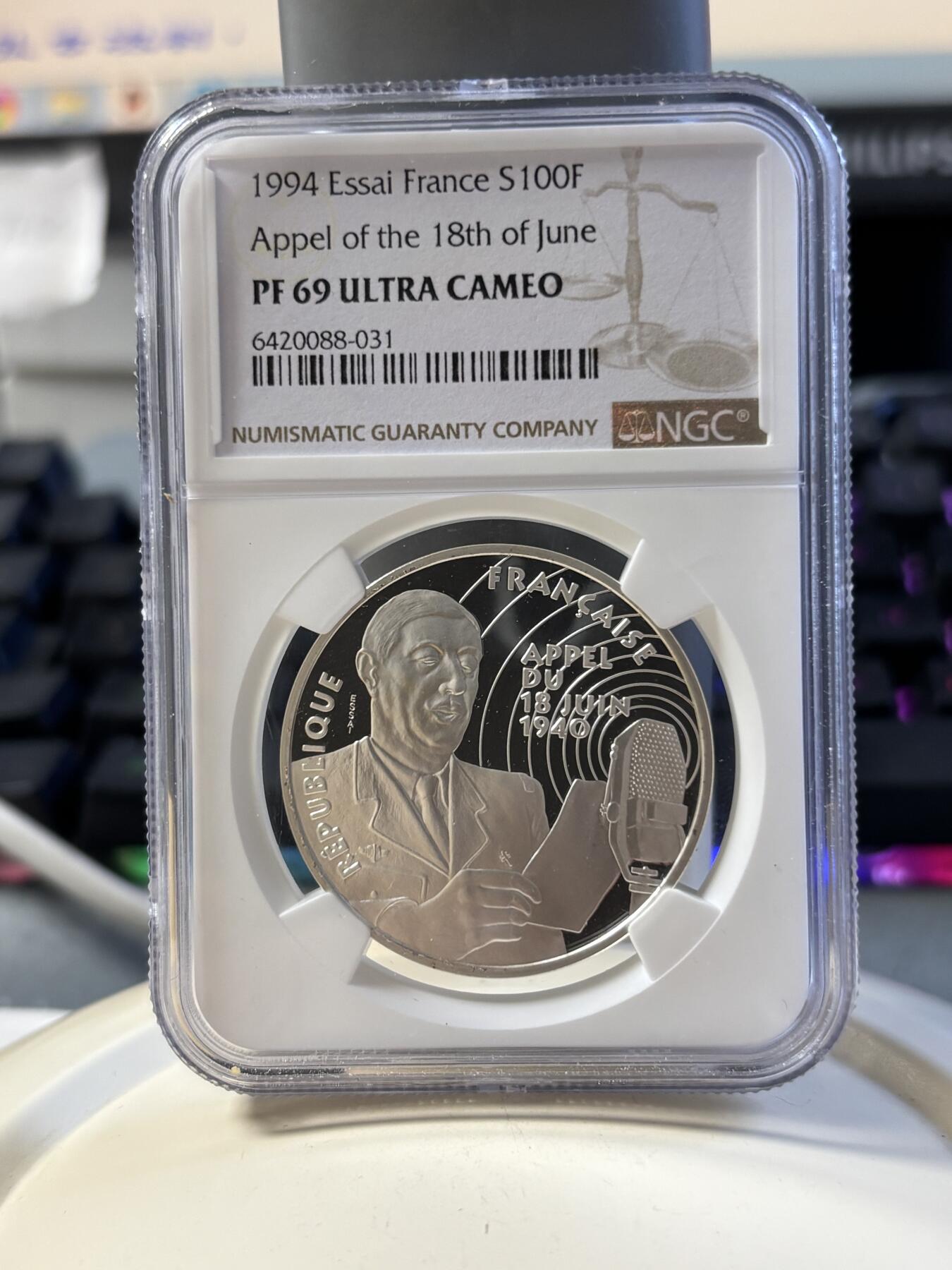 第181期拍卖 法国1994年二战系列戴高乐演讲纪念银样币NGC-PF69，900银，22.2克，发行1850枚
