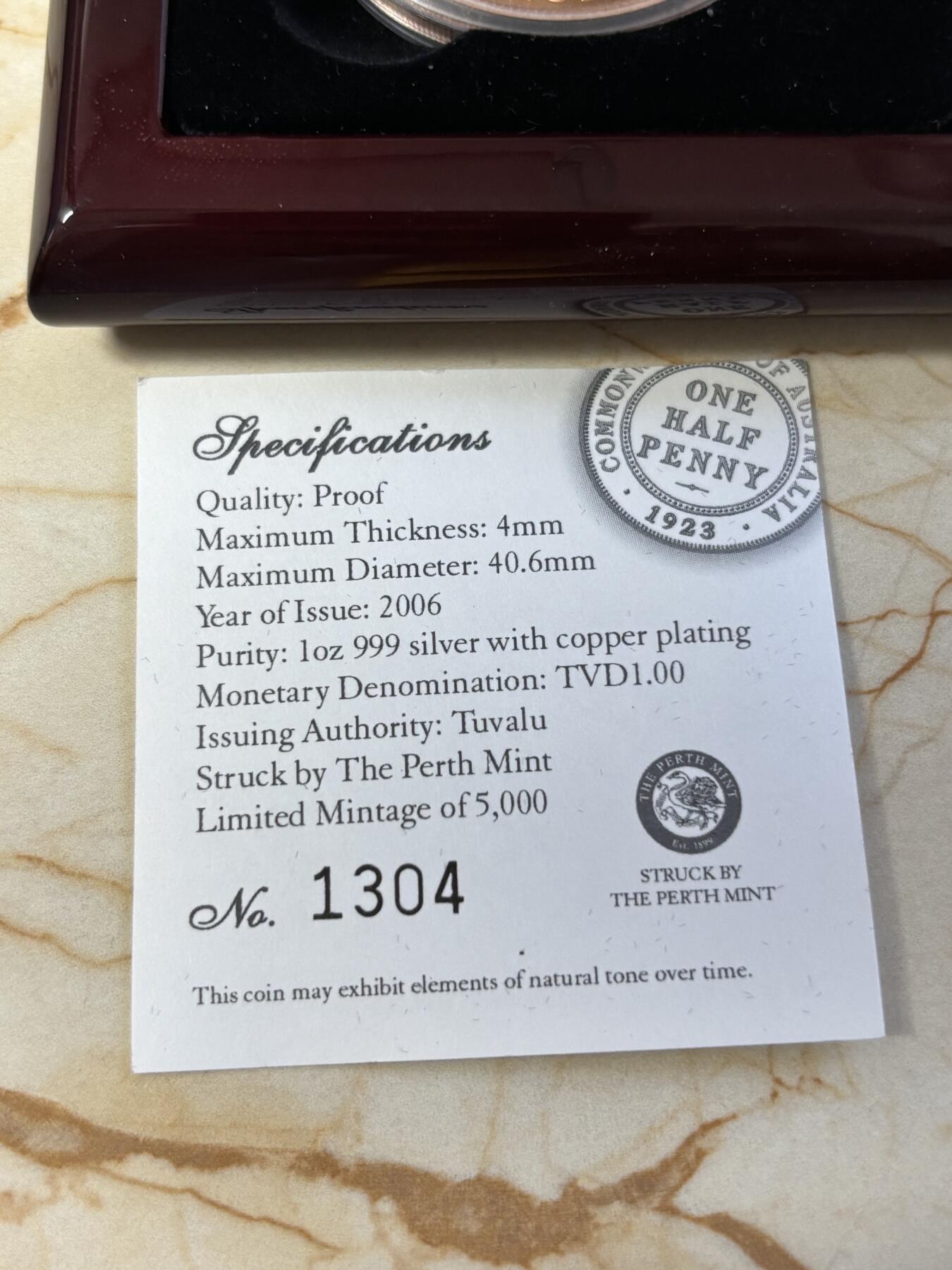 第181期拍卖 图瓦卢2006年澳大利亚联邦镀铜纪念银币，999银镀铜，发行5000枚