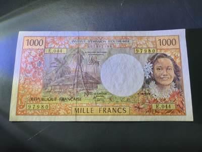 11月8号晚上8点 外国纸币自动截拍第53场 - 法属太平洋1000法郎纸币 1992-1996年版 极美品 大洋洲钱币