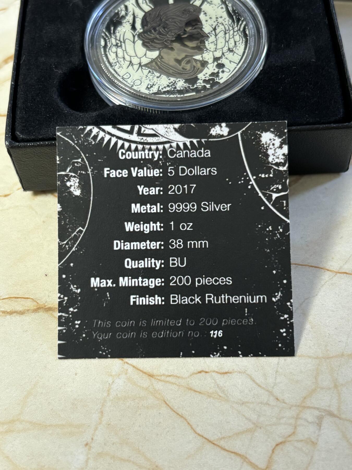 第181期拍卖 加拿大2017枫叶黑金帝国钌化骷髅1盎司黑钌银币，999银钌化，发行200枚