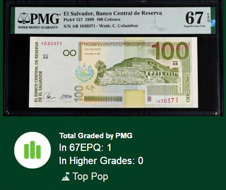 【Blue Auction】世界纸币精拍第746期——18级TOP拍卖/信誉/品质/专业/高效💫   【唯一冠军分】萨尔瓦多 1999年100克朗 PMG67EPQ 太阳金字塔 哥伦布 