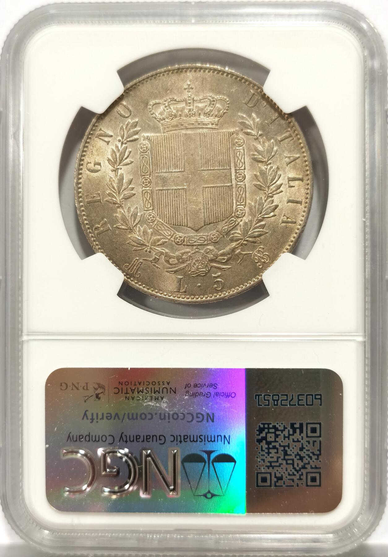 博洋堂“物美丰成”11月精品专场暨第145期（全场包邮） NGC MS62 意大利1869年伊曼纽5里拉 双面淡彩