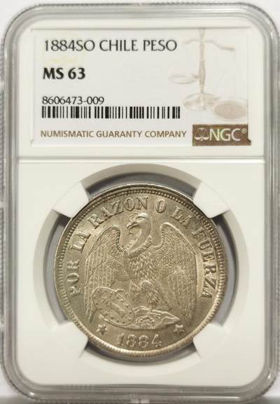 博洋堂“物美丰成”11月精品专场暨第145期（全场包邮） - NGC MS63 智利1884年国徽鹰1比索银币，淡淡的黄油光，状态极好！